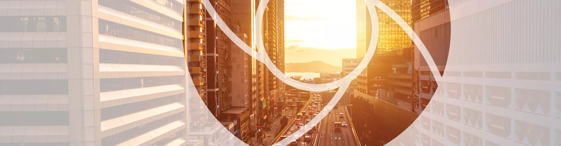 Warm skyline with a circle overlay.