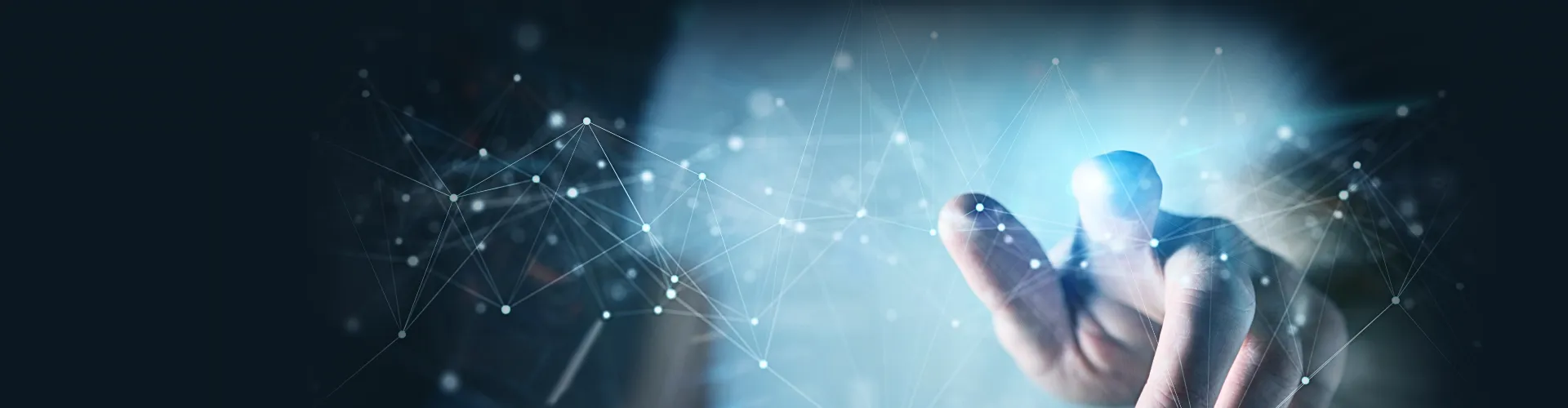 Man pointing at abstract technology overlay.