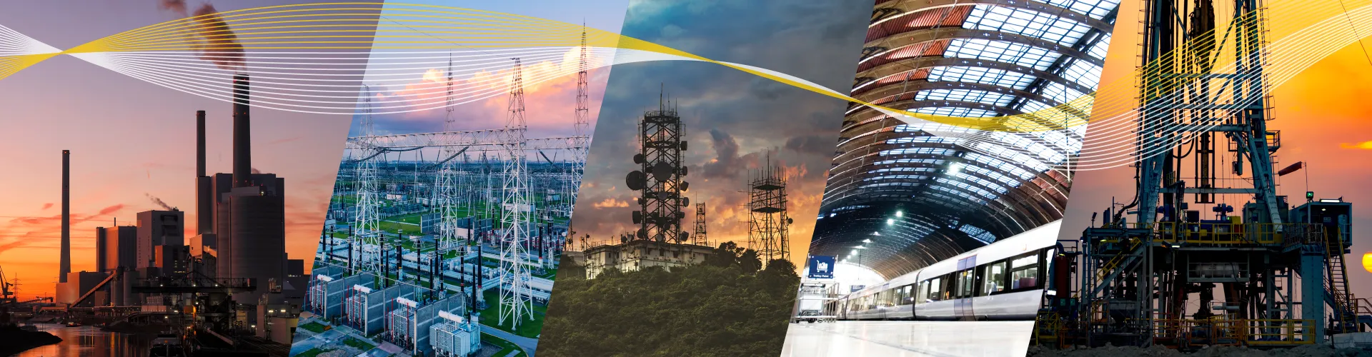 Factory at sunset, electricity pylons, central station with train, oil rig at sunset.