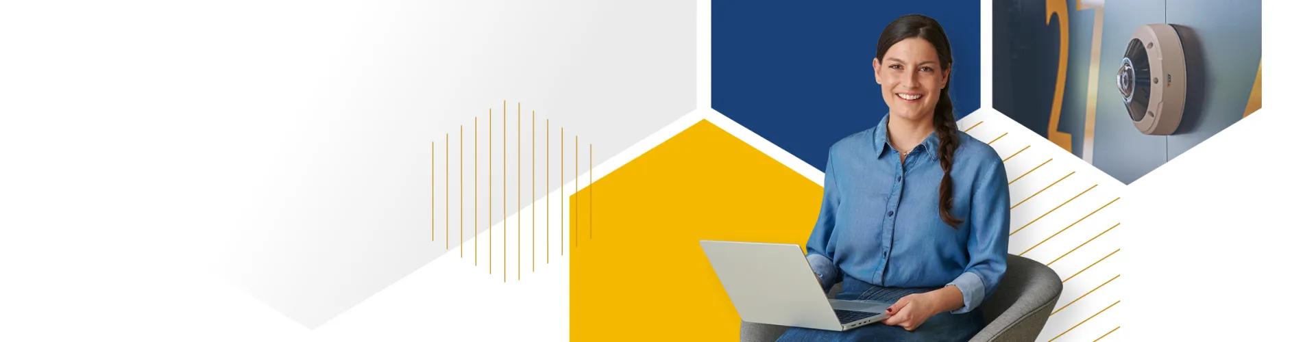 Woman operating video surveillance surrounded of blue and yellow graphic.