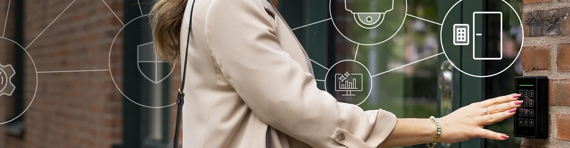 Woman entering building using access control