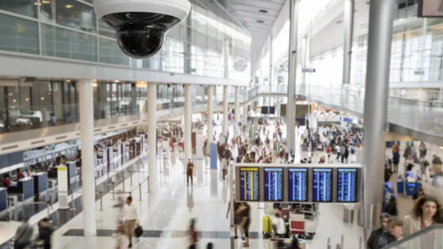 Camera mounted in the ceiling for airport surveillance.