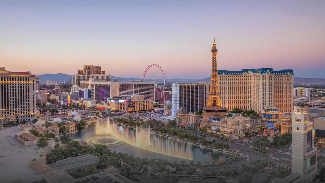 Aerial overview of evening time in Las Vegas, Nevada where ISC West 2026 will take place.