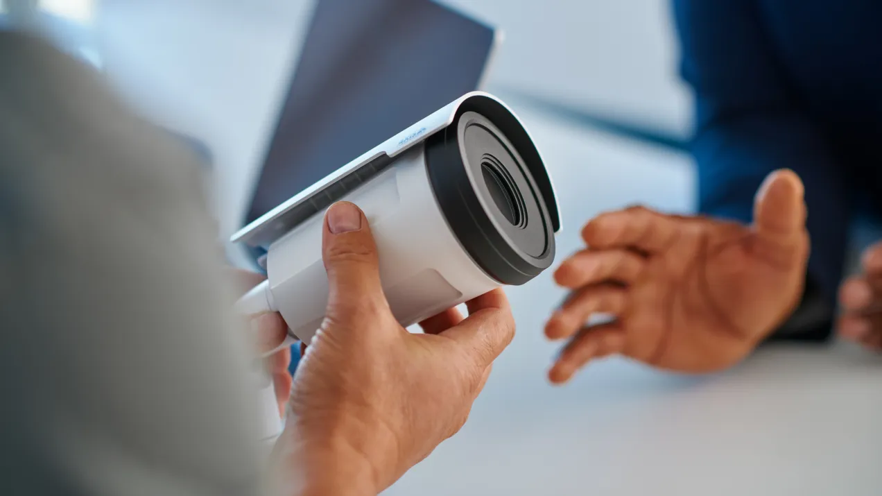 An axis camera held by a person having a conversation with someone else.