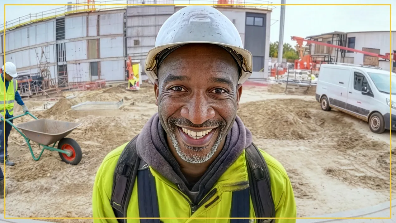 A male construction worker smiling and standing in the middle of a construction site.