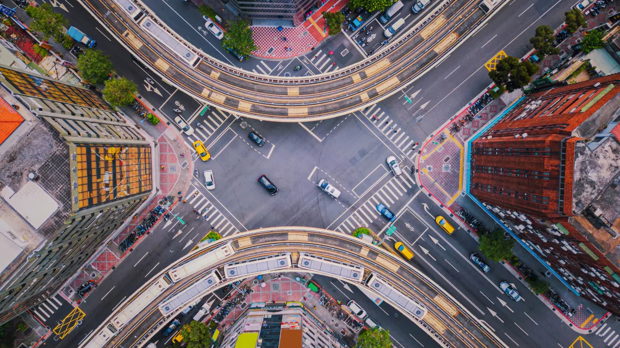 An aerial view of a city intersection in Taipei.