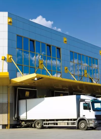 Trucks outside cargo and logistics centre