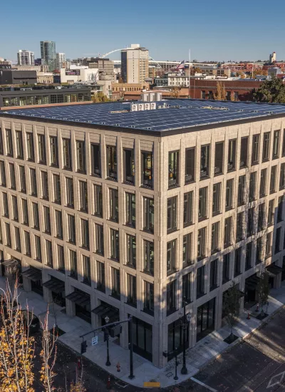 Aerial photo of PAE Living Building in Portland Oregon