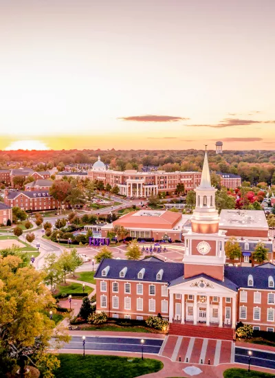 Aerial photo of High Point University campus taken at sunset