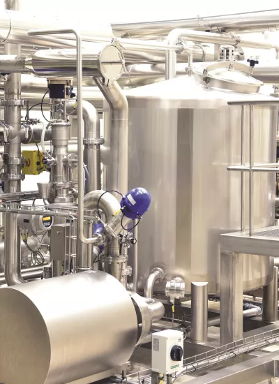 Stainless steel industrial pipes and tanks in a modern processing facility