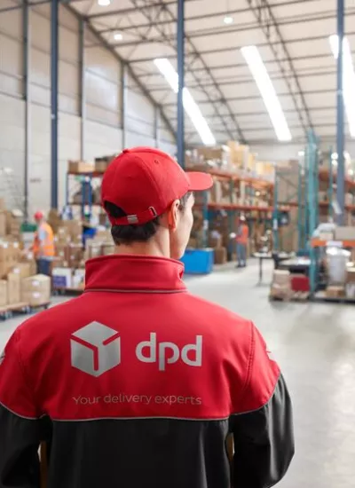 Man with branded DPD Hungary clothes in a warehouse.