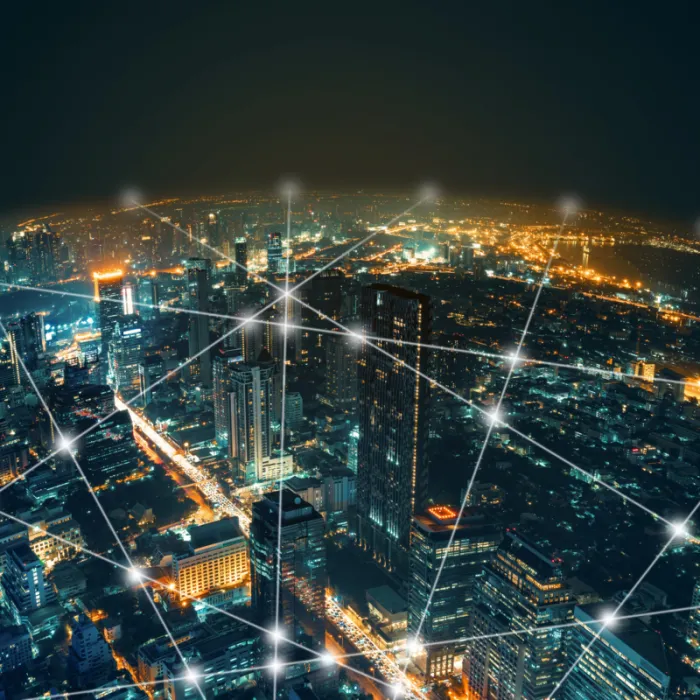 View of a big city with white and yellow overlay effects