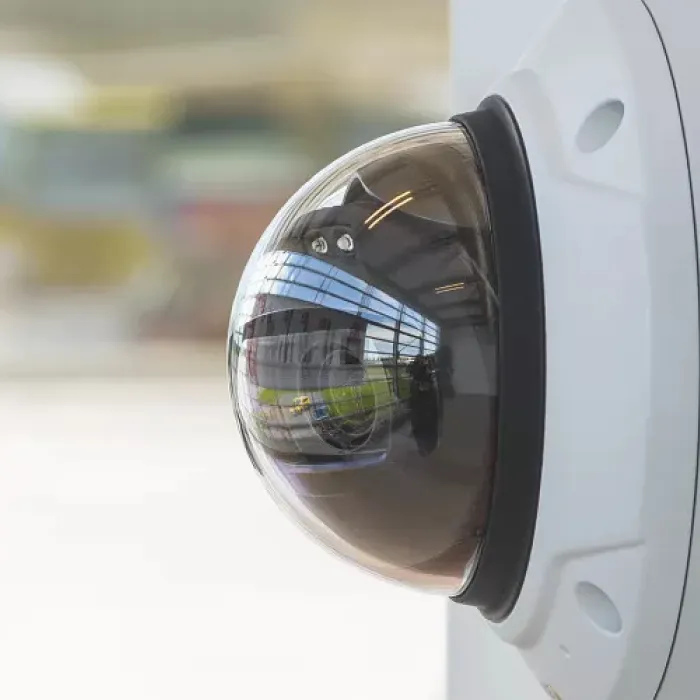 A close up image on a network camera thats mounted on the wall.