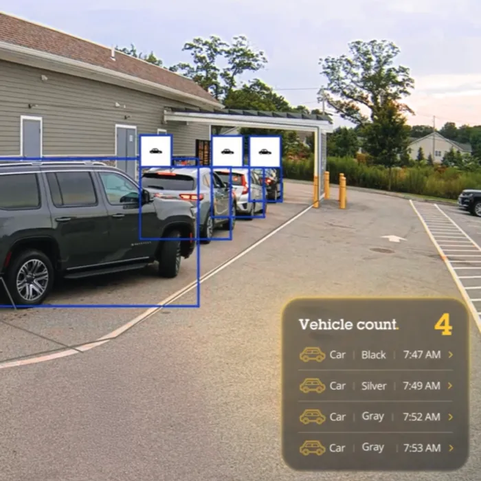 Cars in drive thru with AXIS Object Analytics overlay