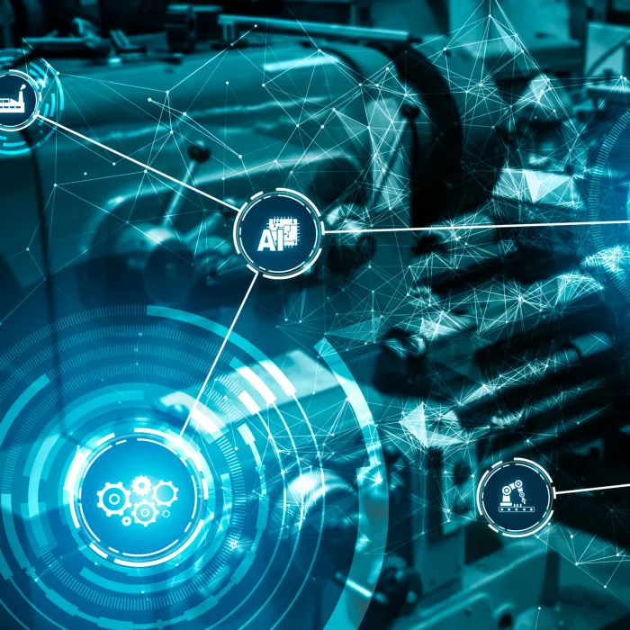 technological tools and settings symbols displayed in blue colors.