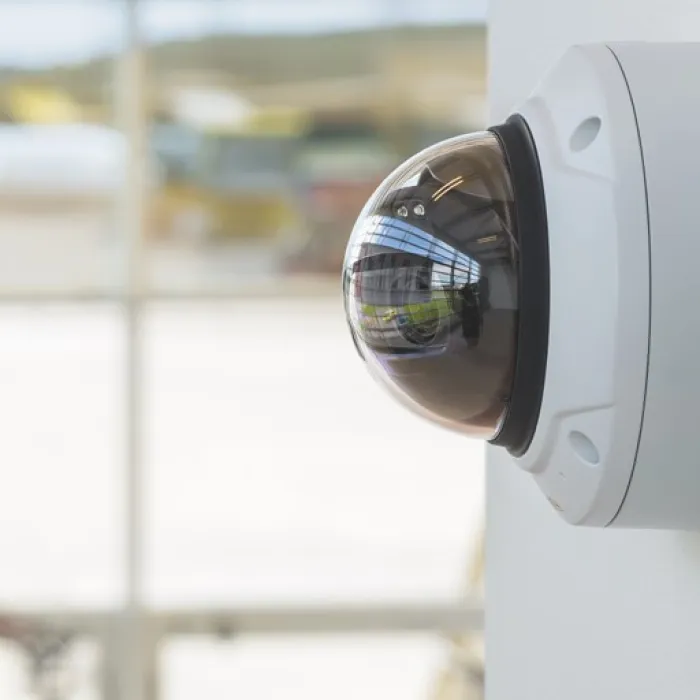 Axis network camera viewed from it's side view mounted on a wall.