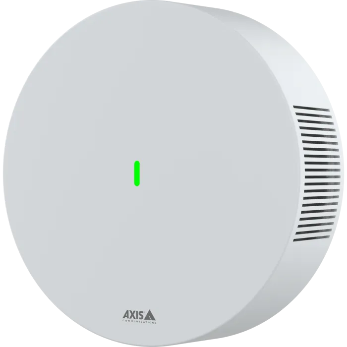 AXIS D6210 Air Quality sensor, white polycarbonate casing, viewed from the left.
