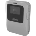 Grey and square shaped AXIS W110 Body Worn Camera with a black lens and the AXIS logo.