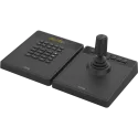 AXIS TU9001 Control Board für das professionelle Kamera- und Video Management, Tastatur und Joystick nebeneinander, Text auf LCD-Display