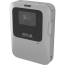 AXIS W110 Body Worn Camera grigia e quadrata con obiettivo nero e logo AXIS.