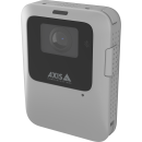 Grey and square shaped AXIS W110 Body Worn Camera with a black lens and the AXIS logo.