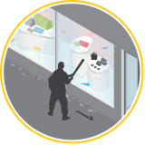 Illustration of a person breaking glass at a store front.