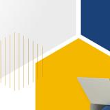 Woman operating video surveillance surrounded of blue and yellow graphic.