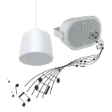 An image with AXIS C1511 Network Pendant Speaker and AXIS C1110-E Cabinet Speaker together with music tones symbols. 
