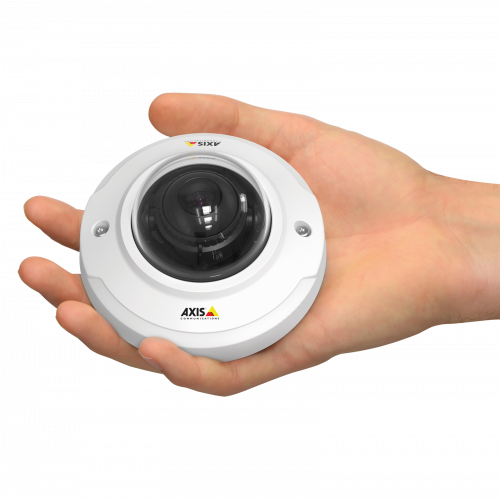 IP Camera AXIS m3044wv supports intelligent analytics areas and has HDTV 720p video quality. The camera is viewed from front