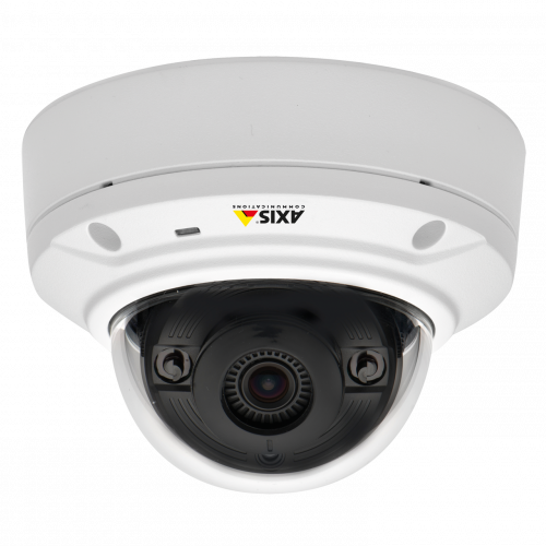 A câmera IP AXIS M3024-LVE possui armazenamento de borda e portas de entrada/saída para dispositivos externos. A câmera é vista do teto.
