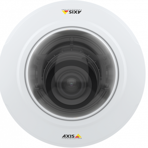IP Camera AXIS m4206vには、3 MP / HDTV 1080pとバリフォーカルWDRがあり、厳しい光に対応します。 カメラを正面から見た図です。