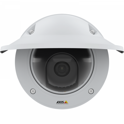 IP Camera AXIS P3245-VE는 원격 포커스 및 줌 기능, H.264 및 H.265를 지원하는 Zipstream을 제공합니다. 이 카메라는 기상 보호막이 있는 상태로 전면에서 본 것입니다.
