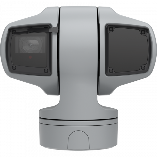 Die IP-Kamera AXIS Q6215-LE IP Camera verfügt über OptimizedIR mit großer Reichweite (Reichweite 400 m). Die Kamera wird von vorne betrachtet.
