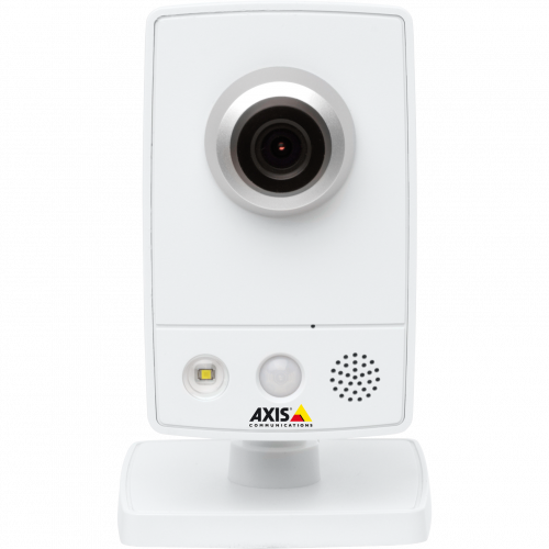 AXIS M1054 is a small and smart HDTV IP camera with Power over Ethernet. The camera is viewed from its front. 