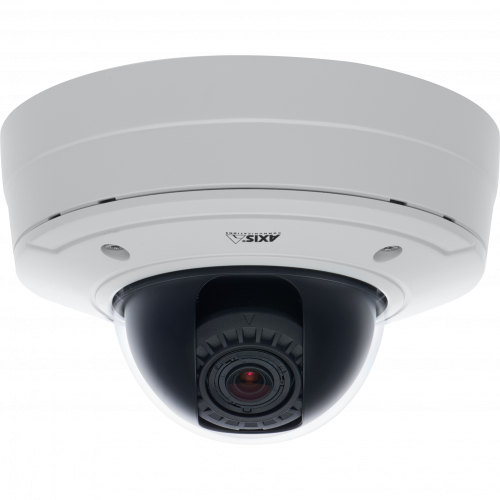 AXIS P3364-VE is an IP camera with lightfinder technology and P-Iris control. The camera is viewed from its front. 