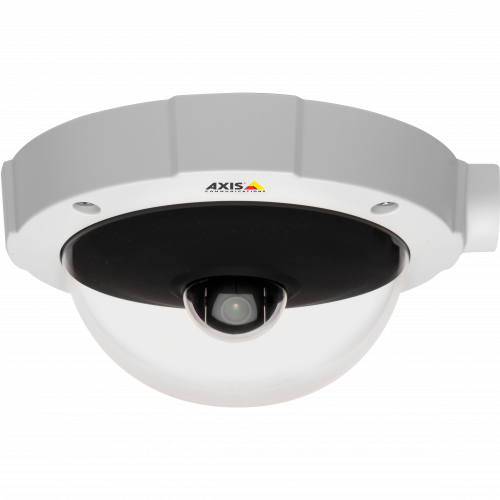 AXIS M5013-V is a vandal-resistant PTZ dome with Power over Ethernet. The camera is viewed from its front. 