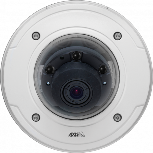 AXIS P3364-LVE is a vandal-resistant fixed dome for outdoor use. The IP camera is viewed from its front.