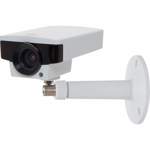 IP Camera AXIS M1144-L has day & night functionality with built-in ir LEDs. The camera is viewed from it´s left.