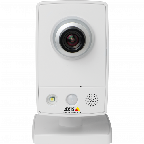 AXIS M1034-W is an IP camera in a small and smart design. The camera is viewed from its front. 