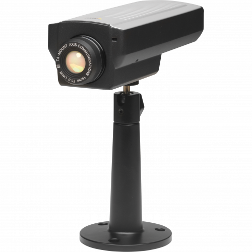 Black camera on pole, pointing to the left. It has two-way audio support, allowing users to communicate with visitors and intruders.