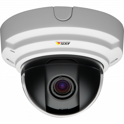 AXIS P3365-V IP Camera is a fixed dome with remote zoom and focus. The product is viewed from its front. 