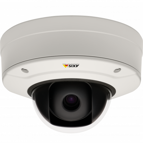 IP Camera AXIS Q3505-V has WDR – Forensic Capture, IK10 impact resistance, IP52 dust and water protection. Viewed from front.