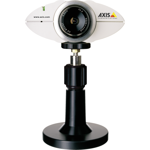 AXIS 2100 is a white IP camera on a black pole that offers offers crisp, quality images and streaming video.