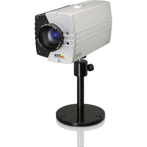 AXIS 230 MPEG-2 Network Camera is an IR-sensitive day/night camera. The product is viewed from its left angle. 