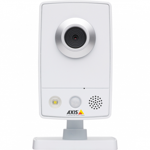 AXIS M1031-W – smallest and smartest wireless network camera with intruder alarm and remote listening. Shown from front.