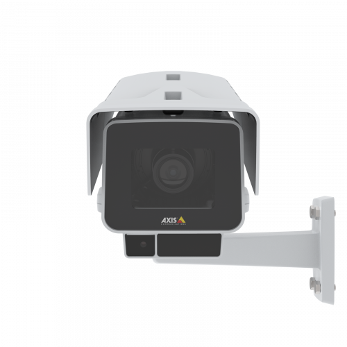 A AXIS P1378-LE IP Camera possui estabilização eletrônica de imagem e OptimizedIR. O produto é visto pela frente.