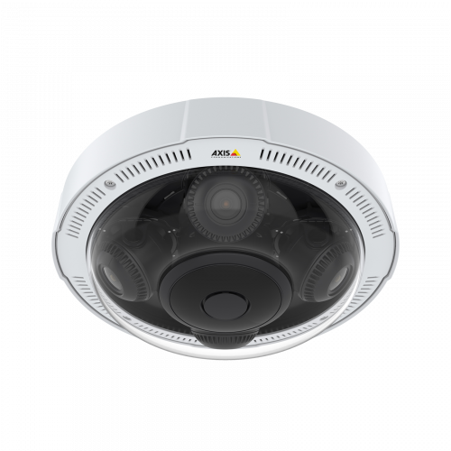 The IP camera AXIS P3719-PLE mounted to the ceiling, viewed from its front.