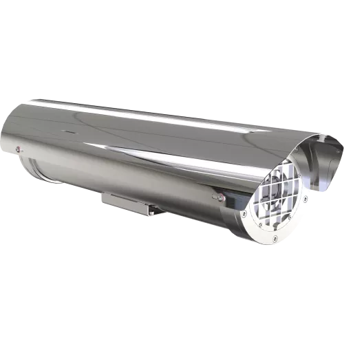 XF60-Q2901 Explosion-Protected Temperature Alarm Camera in stainless steel. The product is viewed from its right angle.