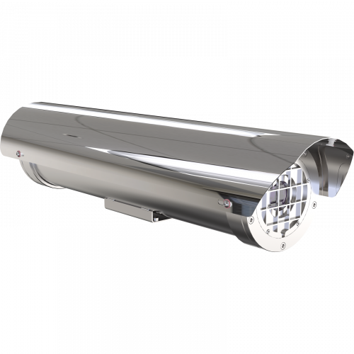 XF60-Q2901 Explosion-Protected Temperature Alarm Camera in acciaio inossidabile. Il dispositivo è visto dal suo angolo destro.