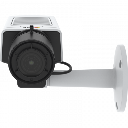 A AXIS M1137 Network Camera possui design compacto e flexível. A câmera é vista pela frente. 